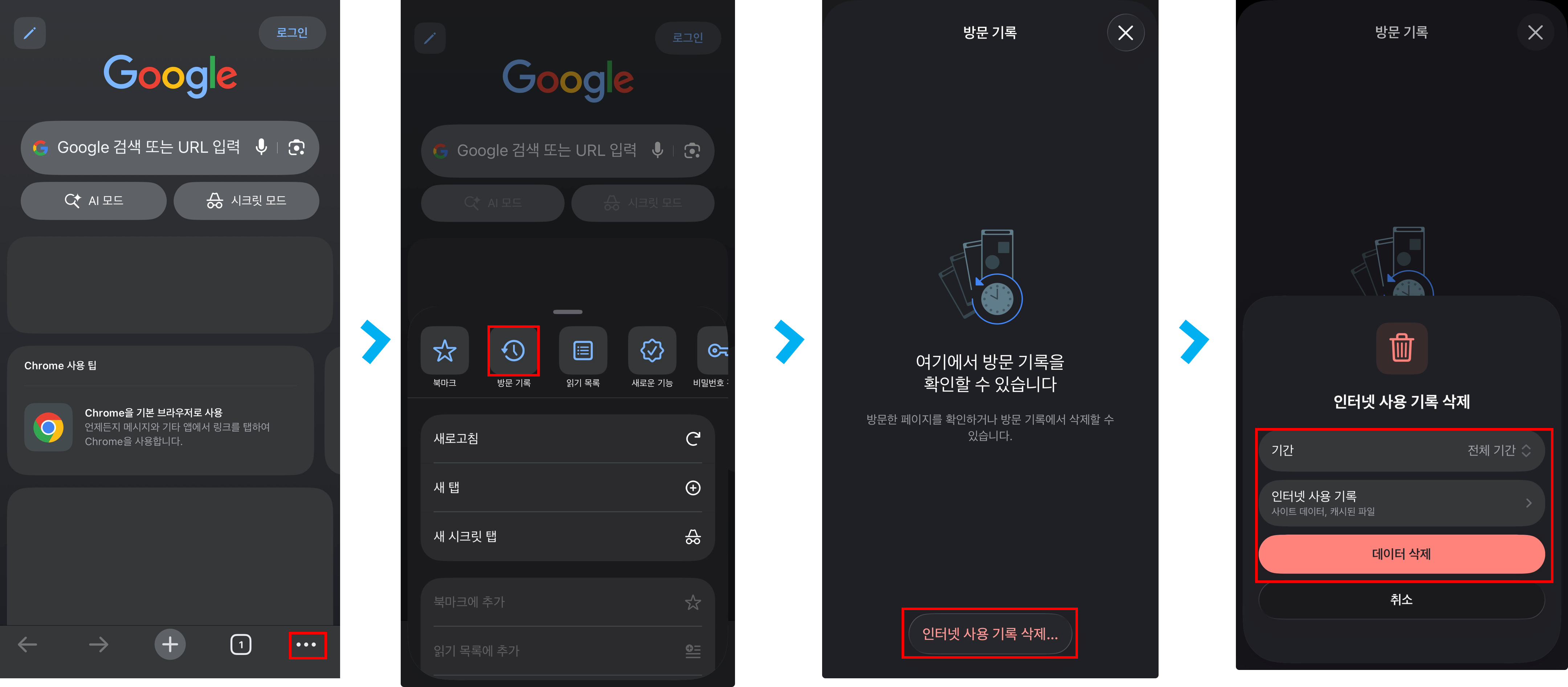 IOS 크롬(Chrome) 설정 : 개인정보 보호 및 보안 : 인터넷 사용 기록 삭제 : 전체 기간 선택 후 인터넷 사용 기록, 쿠키 및 사이트 데이터, 캐시된 이미지 및 파일 모두 선택하여 삭제