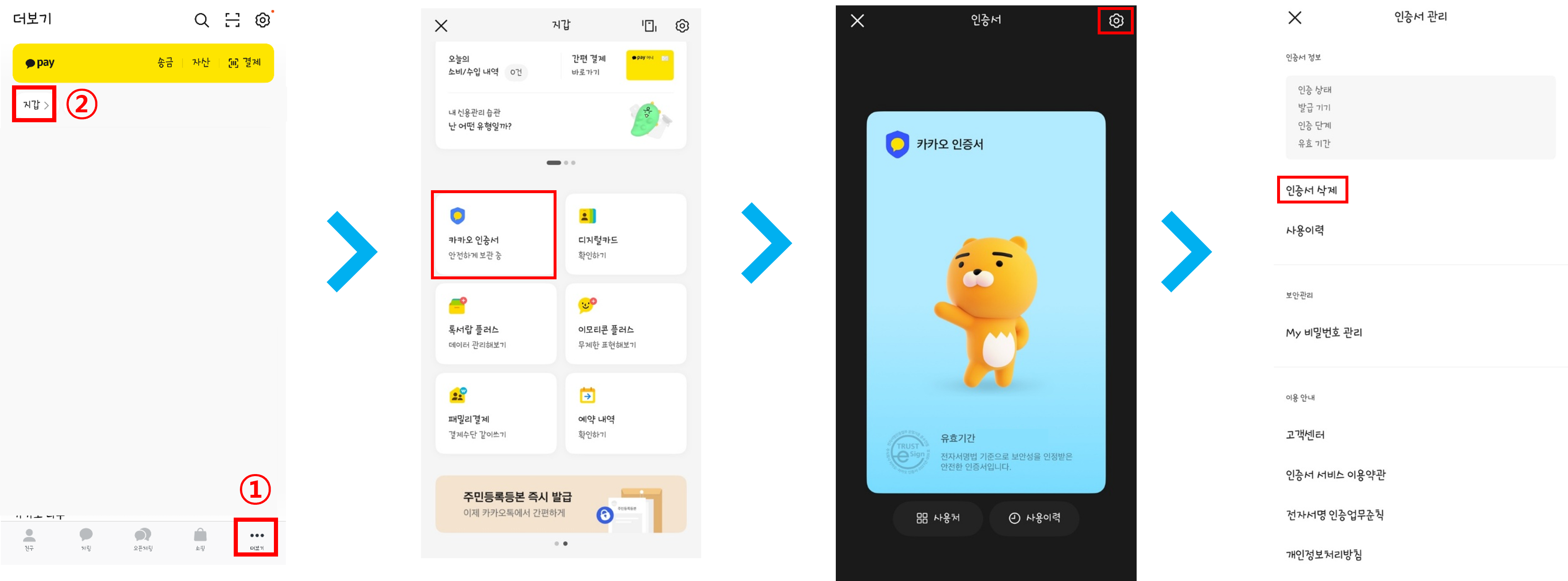 1. 카카오 인증서는 비밀번호 찾기를 제공하지 않습니다. 인증서 삭제 후 재발급 > 인증서 비밀번호를 5회 틀릴 시 자동으로 비밀번호 초기화 및 인증서가 삭제 됩니다. 인증서 재발급 후 다시 로그인을 시도하세요.