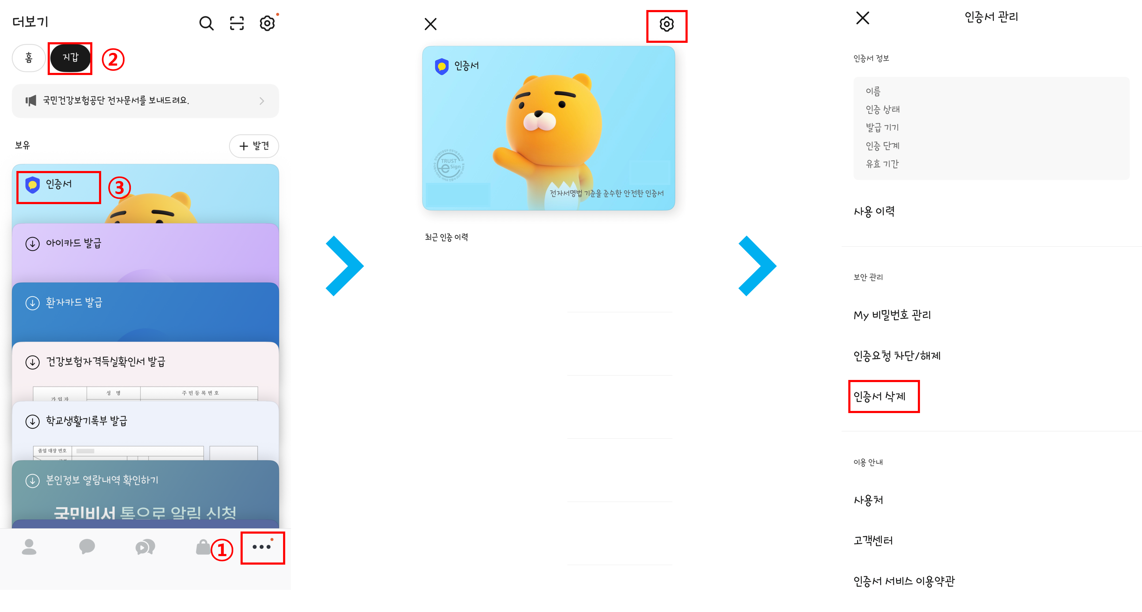 카카오 인증서 삭제 화면 예시 : 1. 카카오 더보기(점세개) 메뉴 2. 지갑 → 카카오 인증서 → 설정(톱니바퀴메뉴) → 인증서 삭제